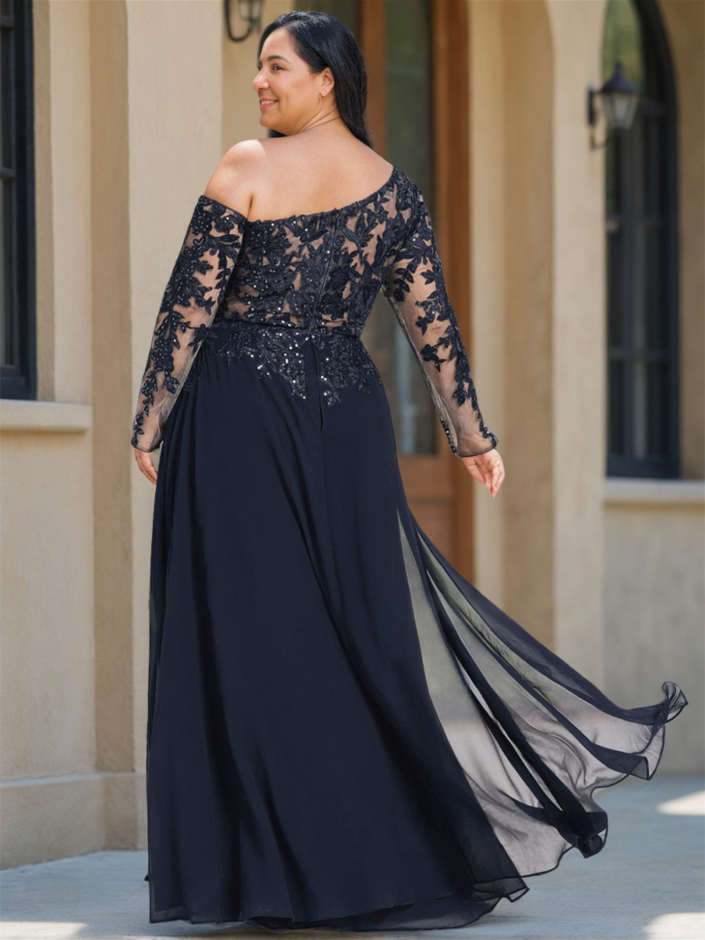 Plus Size Long Mother of the Bride A Line Dress with One Shoulder and Long Sleeves Featuring a High Split