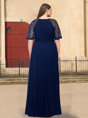 Plus Size Long Mother of the Bride A Line Dress with Scoop Neck Half Sleeves Ruffles and Lace