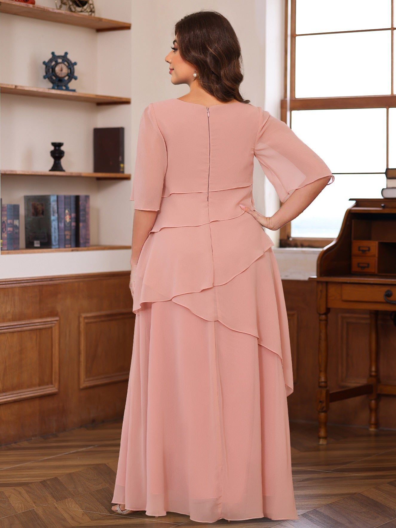 Plus Size Long Mother of the Bride A Line Dress with Scoop Neck and Ruffled Half Sleeves