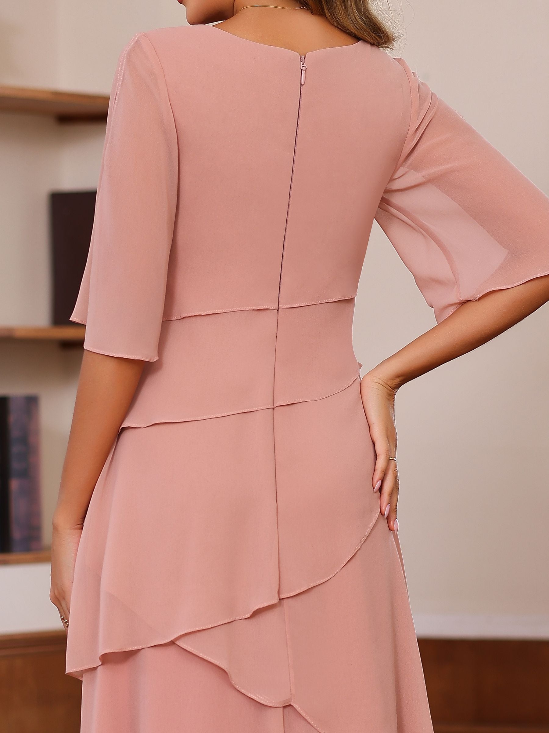 Plus Size Long Mother of the Bride A Line Dress with Scoop Neck and Ruffled Half Sleeves