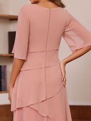Plus Size Long Mother of the Bride A Line Dress with Scoop Neck and Ruffled Half Sleeves