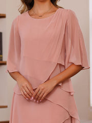 Plus Size Long Mother of the Bride A Line Dress with Scoop Neck and Ruffled Half Sleeves