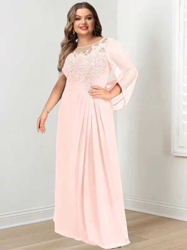 Plus Size Long Mother of the Bride A Line Dress with Scoop Neckline Pleats and Sequins