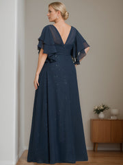 Plus Size Long Mother of the Bride A Line Dress with V Neck and Half Sleeves