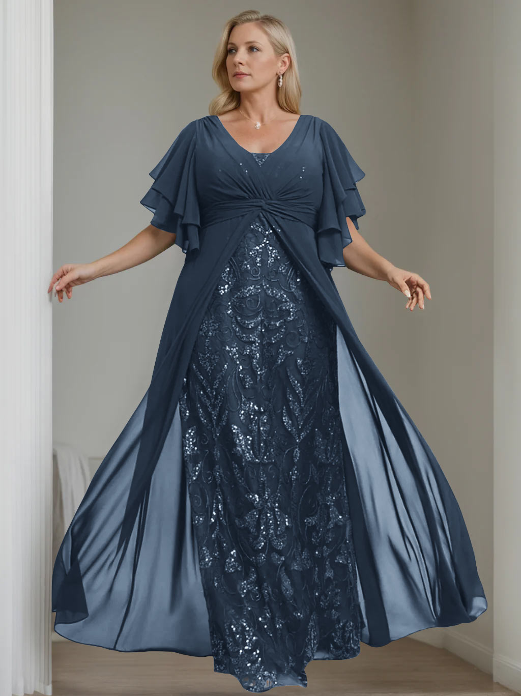 Plus Size Long Mother of the Bride A Line Dress with V Neck and Half Sleeves