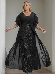Plus Size Long Mother of the Bride A Line Dress with V Neck and Half Sleeves