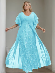 Plus Size Long Mother of the Bride A Line Dress with V Neck and Half Sleeves