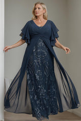 Plus Size Long Mother of the Bride A Line Dress with V Neck and Half Sleeves
