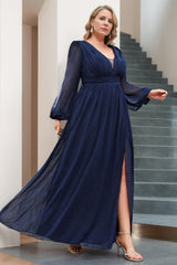 Plus Size Long Mother of the Bride A Line Dress with V Neck and Ruffled Long Sleeves