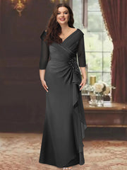 Plus Size Long V Neck Sheath Mother of the Bride Dress with Ruffles and Appliques