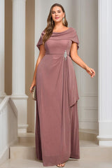 Plus Size Long Mother of the Bride A Line Dress with Scoop Neck Short Sleeves Ruffles & Sequins