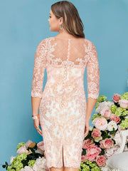 Plus Size Knee Length Mother of the Bride Dress with Lace Beading Appliques and Long Sleeves
