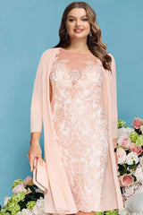 Plus Size Knee Length Mother of the Bride Dress with Lace Beading Appliques and Long Sleeves