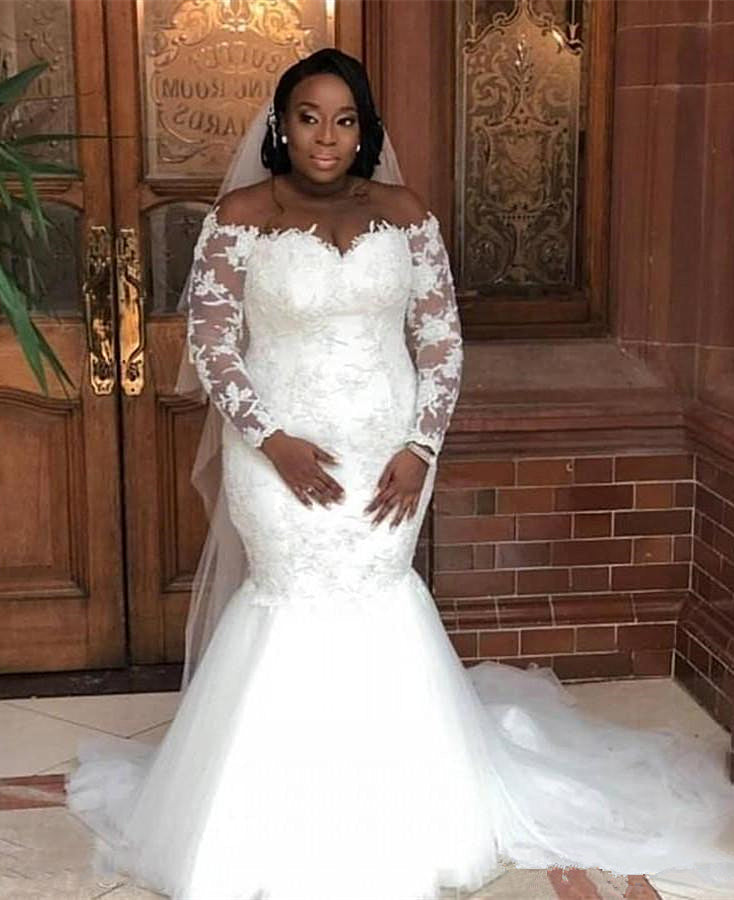 Plus Size Mermaid Appliques Wedding Dresses | Off The Shoulder Long Sleeve Bridal Gowns | Suzhoufashion Plus Size Mermaid Appliques Wedding Dresses | Off The Shoulder Long Sleeve Bridal Gowns | Suzhoufashion