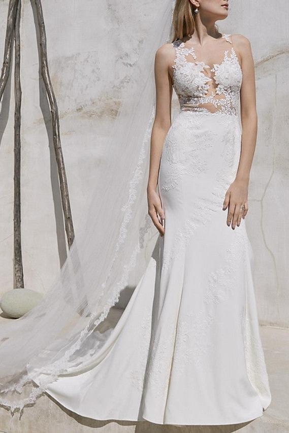 Plus Size Mermaid Wedding Dress V-Neck Lace Satin Straps Bridal Gowns with Sweep Train