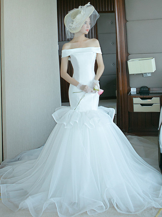 plus size off the shoulder mermaid wedding dress Plus Size Mermaid Wedding Dresses Off Shoulder Tulle Polyester Short Sleeve Bridal Gowns with Court Train