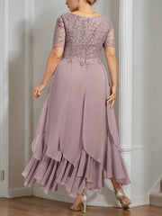 Plus Size Mother of the Bride A Line Dress with Round Neck Short Sleeves and Cascading Ruffles