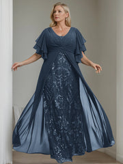 Plus Size Mother of the Bride A Line Long Dress with V Neck and Half Sleeves