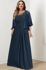 Plus Size Mother of the Bride A Line Scoop Long Dress with Pleated & Sequins