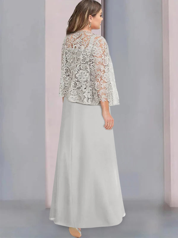 Plus Size Mother of the Bride A Line Long Dress with Scoop Neckline Pleats & Lace Appliques