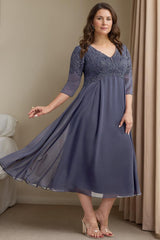 Plus Size Tea Length Mother of the Bride Dress with V Neck and 3/4 Sleeves