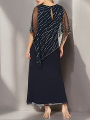 Plus Size V Neck A Line Ankle Length Mother of the Bride Dress with Asymmetrical Cape Popover and Half Sleeves