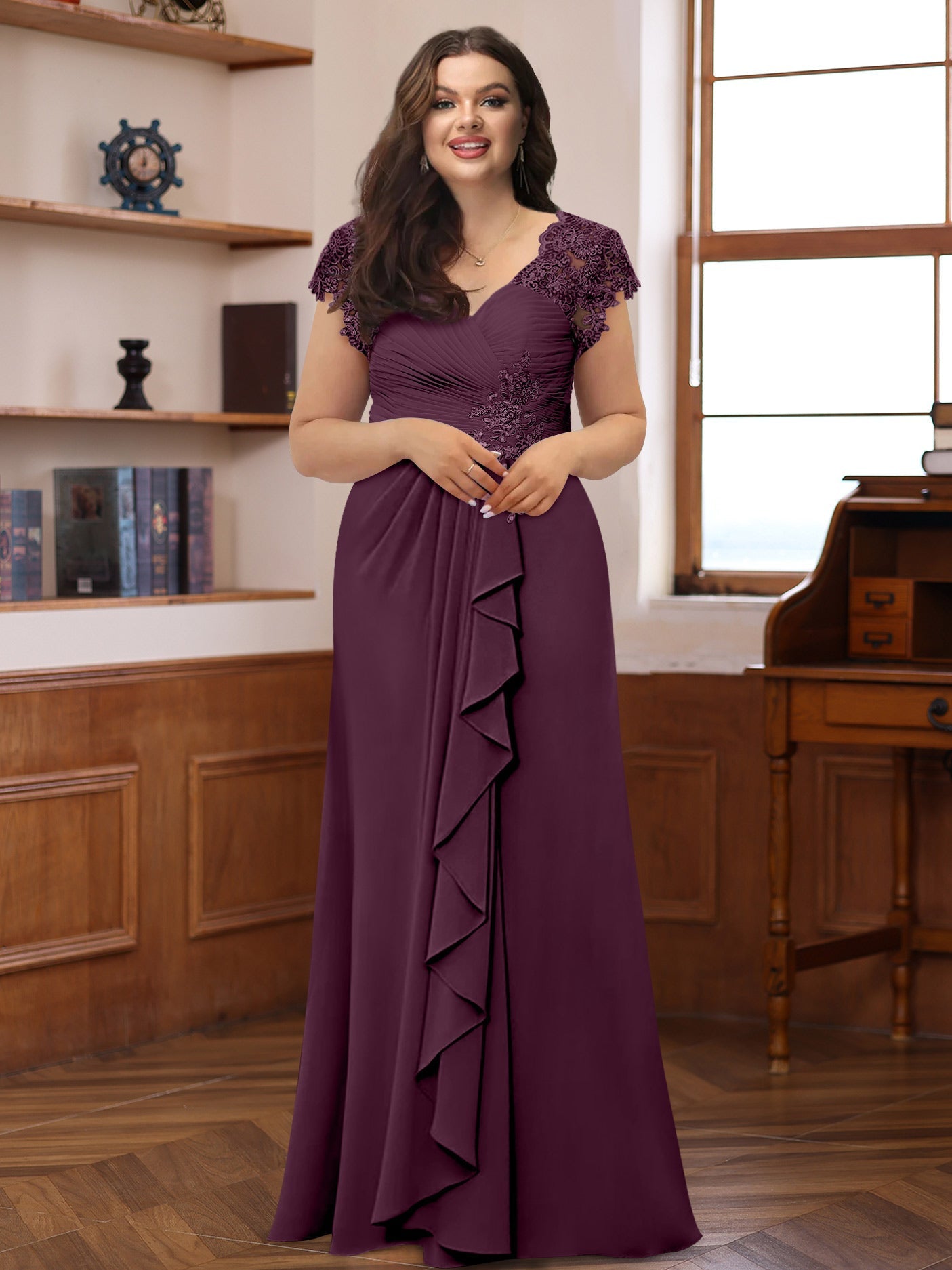 Plus Size V Neck A Line Dress with Short Sleeves Ruffles and Appliques for Mothers of the Bride & Groom