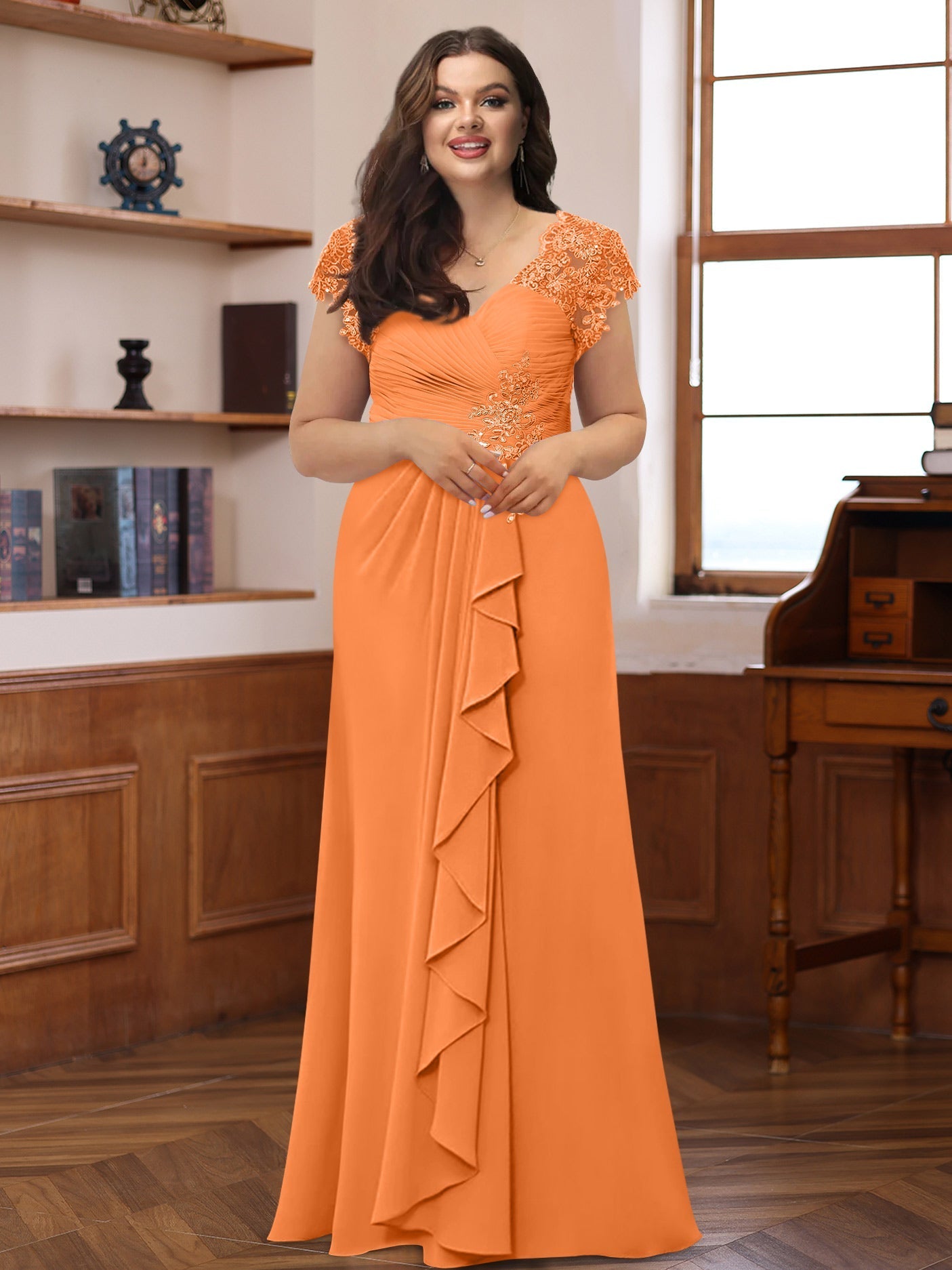 Plus Size V Neck A Line Dress with Short Sleeves Ruffles and Appliques for Mothers of the Bride & Groom