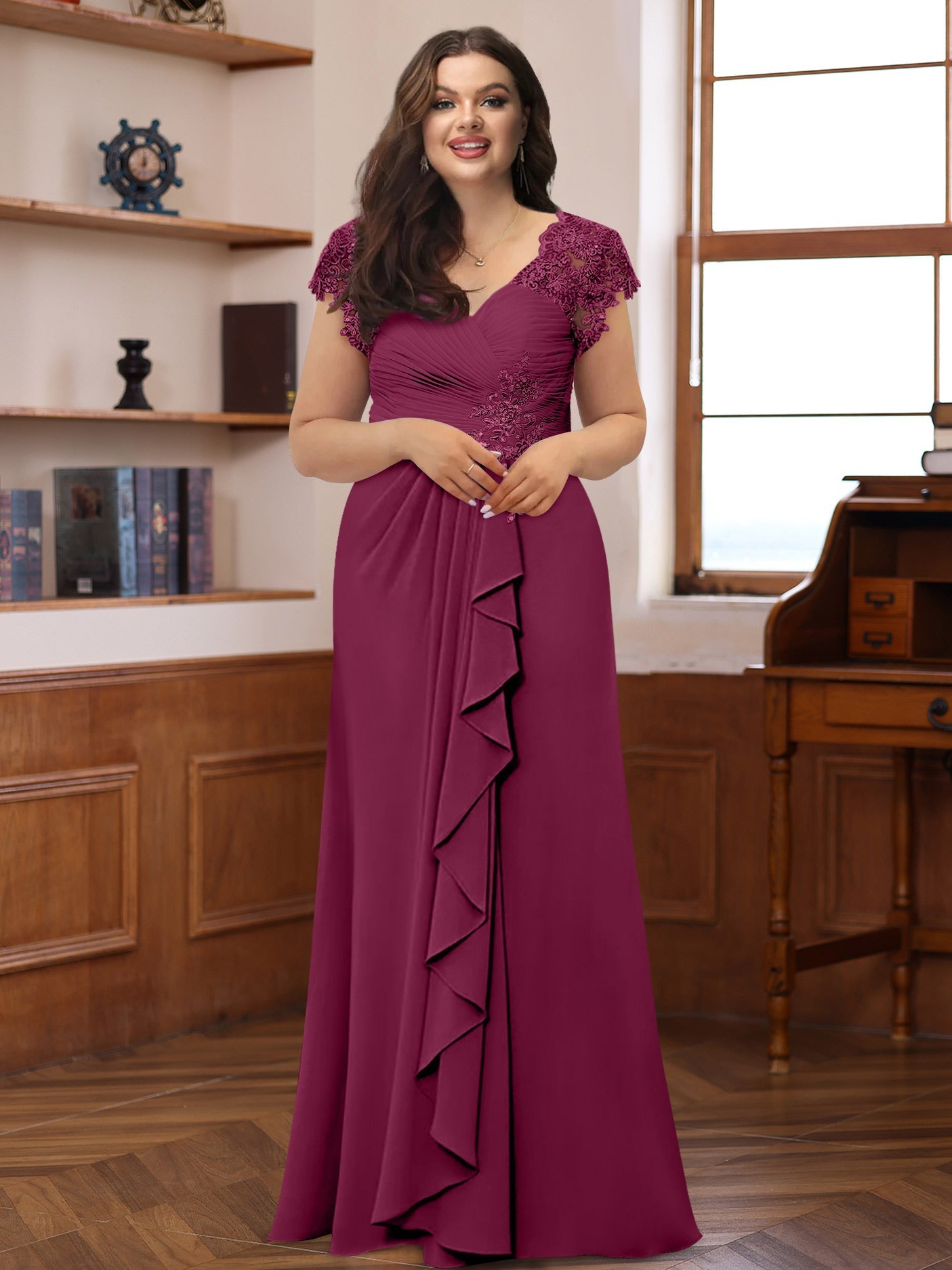 Plus Size V Neck A Line Dress with Short Sleeves Ruffles and Appliques for Mothers of the Bride & Groom