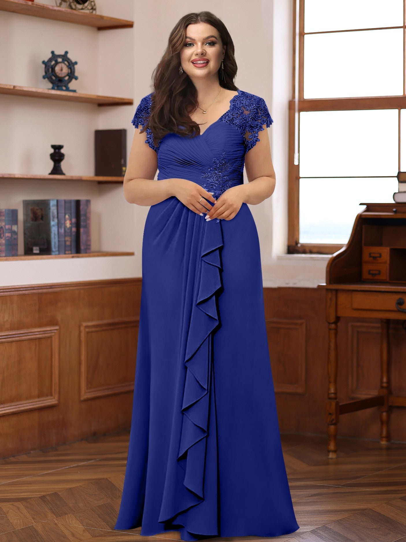 Plus Size V Neck A Line Dress with Short Sleeves Ruffles and Appliques for Mothers of the Bride & Groom