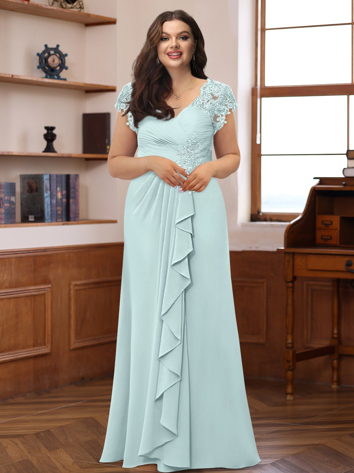 Plus Size V Neck A Line Dress with Short Sleeves Ruffles and Appliques for Mothers of the Bride & Groom