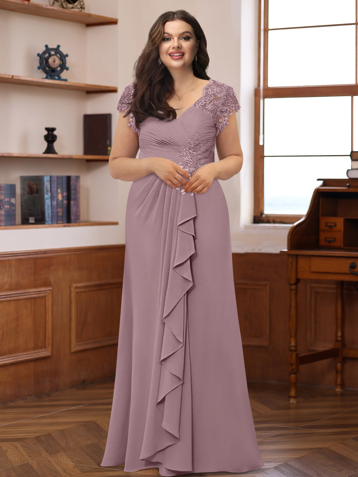 Plus Size V Neck A Line Dress with Short Sleeves Ruffles and Appliques for Mothers of the Bride & Groom