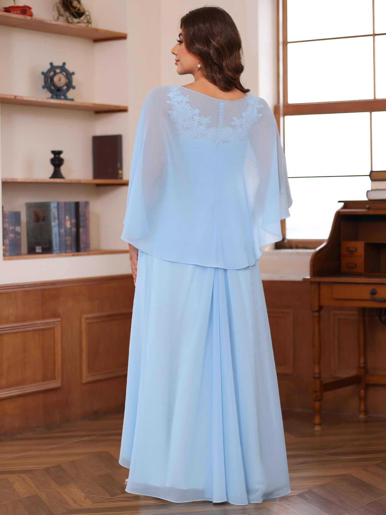 Plus Size V Neck A Line Long Mother of the Bride Dress with Appliques Ruffles & Wrap in 2 Pics