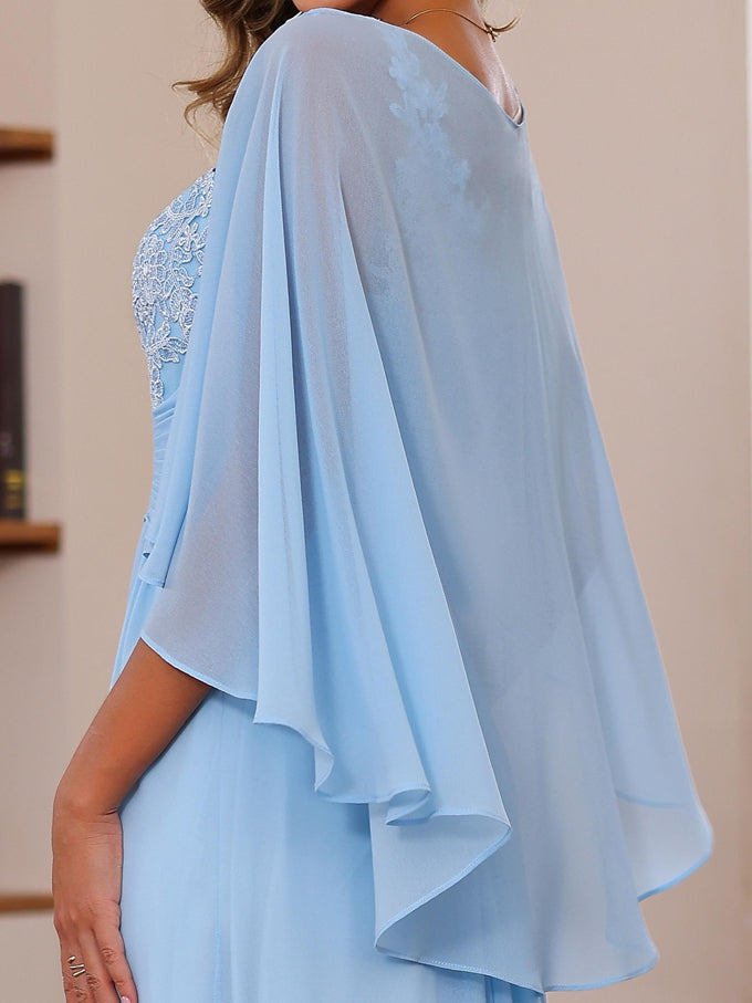Plus Size V Neck A Line Long Mother of the Bride Dress with Appliques Ruffles & Wrap in 2 Pics