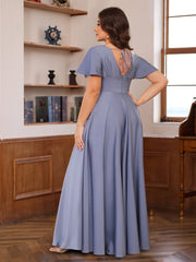 Plus Size V Neck Short Sleeves A Line Long Mother of the Bride Dress with Ruffles