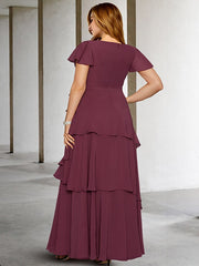 Plus Size V Neck A Line Long Mother of the Bride Dress with Ruffles and Short Sleeves