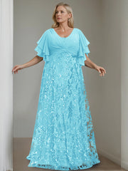Plus Size V Neck A Line Long Mother of the Bride Dress with Sequins and Half Sleeves