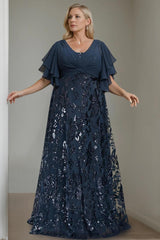 Plus Size V Neck A Line Long Mother of the Bride Dress with Sequins and Half Sleeves