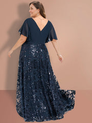 Plus Size V Neck A Line Long Mother of the Bride Dress with Short Sleeves and Sequins