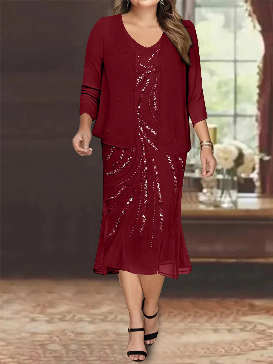 Plus Size V Neck Chiffon Mother of the Bride Dress Set with Jacket and Sequins Knee Length