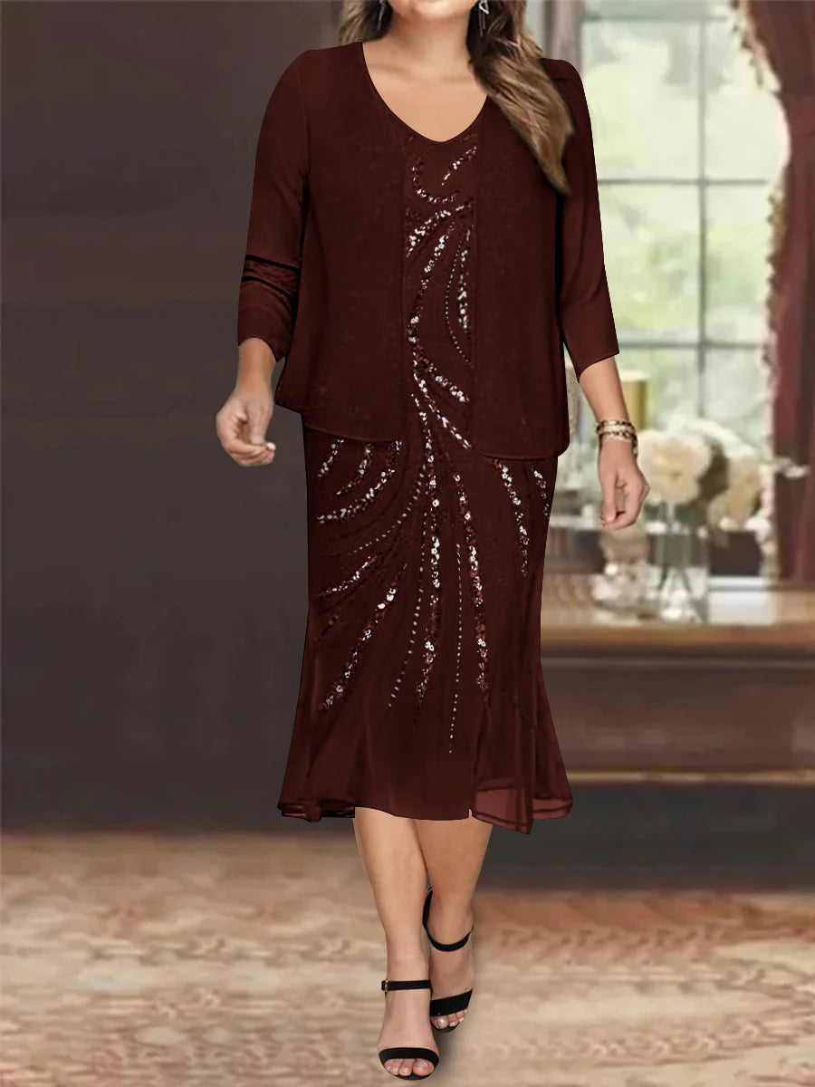 Plus Size V Neck Chiffon Mother of the Bride Dress Set with Jacket and Sequins Knee Length