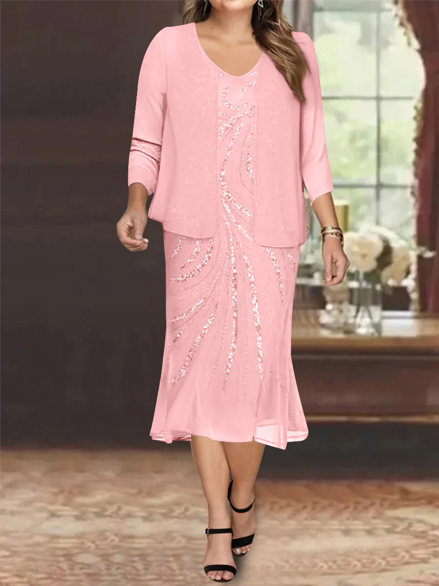 Plus Size V Neck Chiffon Mother of the Bride Dress Set with Jacket and Sequins Knee Length