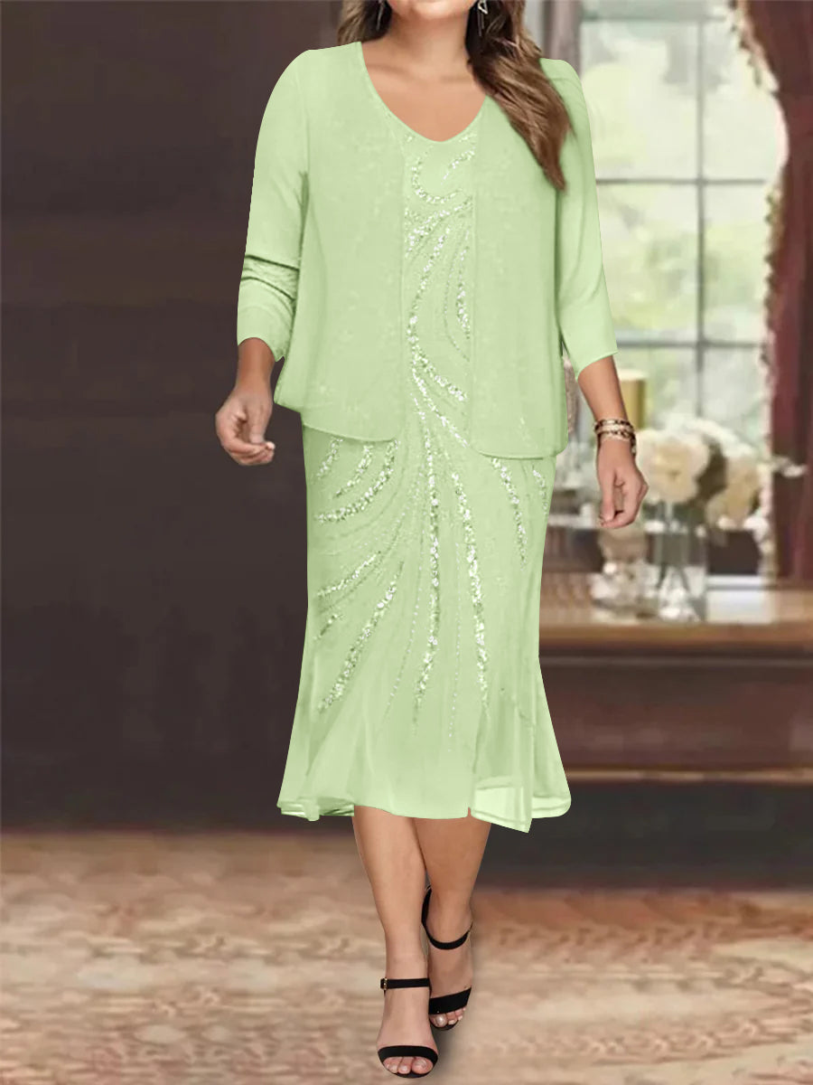 Plus Size V Neck Chiffon Mother of the Bride Dress Set with Jacket and Sequins Knee Length