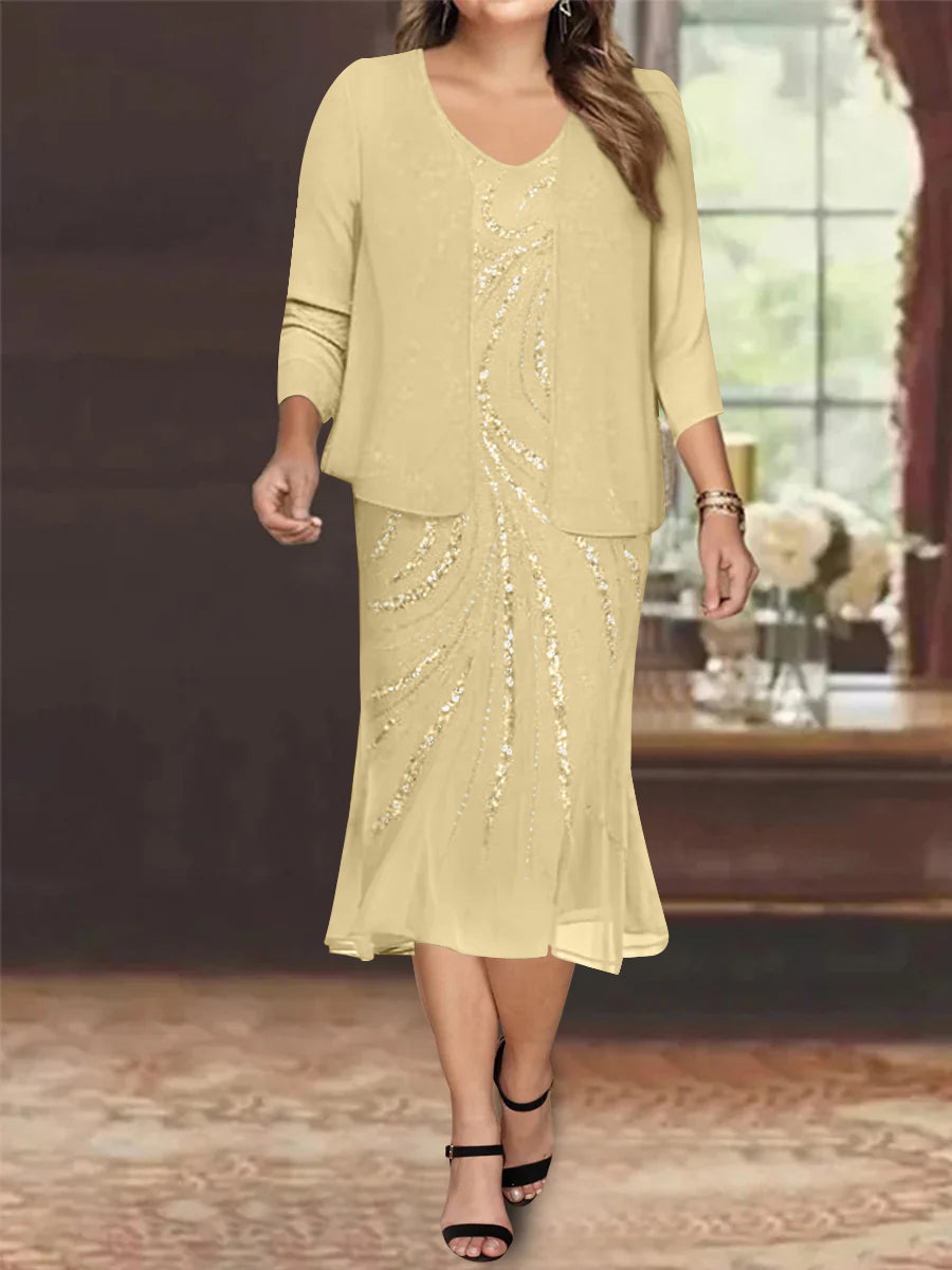 Plus Size V Neck Chiffon Mother of the Bride Dress Set with Jacket and Sequins Knee Length