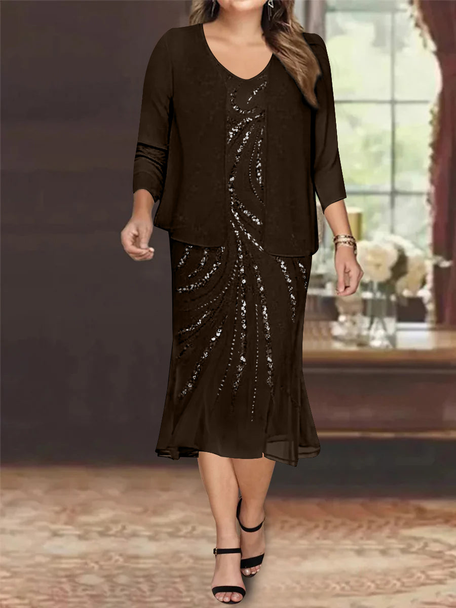 Plus Size V Neck Chiffon Mother of the Bride Dress Set with Jacket and Sequins Knee Length