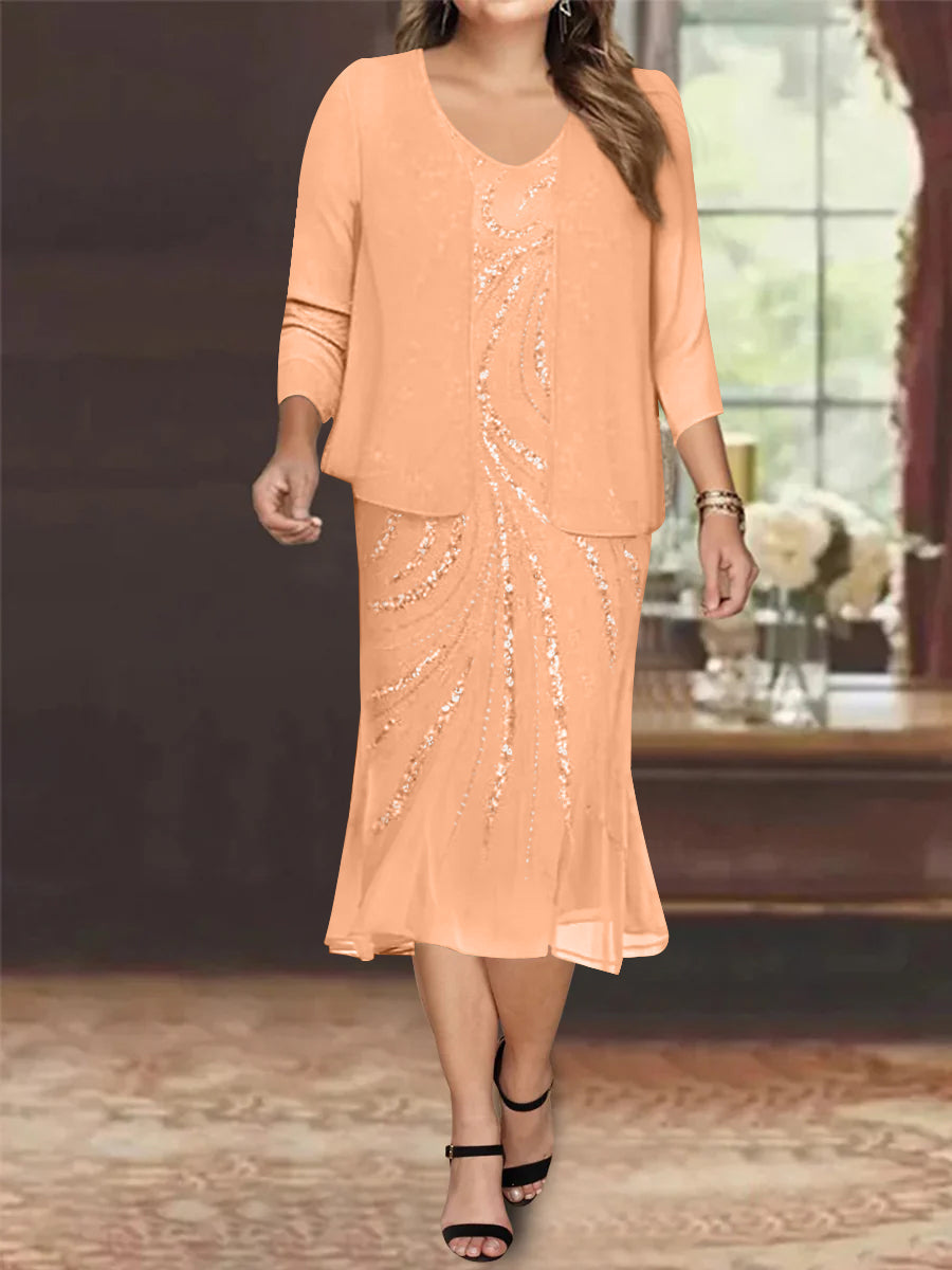 Plus Size V Neck Chiffon Mother of the Bride Dress Set with Jacket and Sequins Knee Length