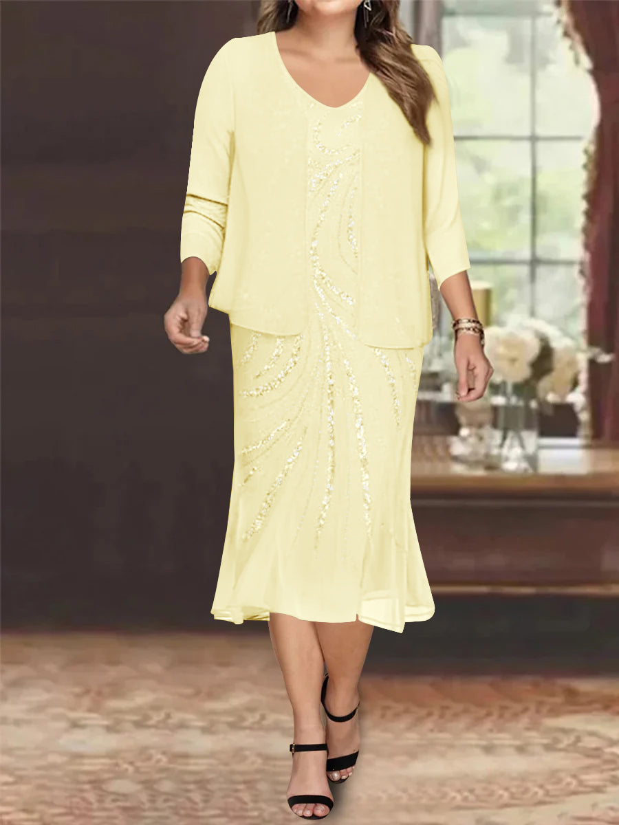 Plus Size V Neck Chiffon Mother of the Bride Dress Set with Jacket and Sequins Knee Length