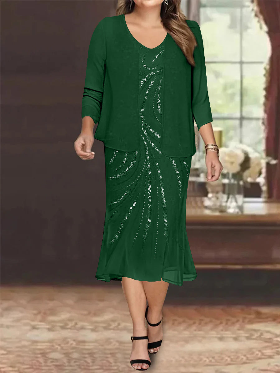 Plus Size V Neck Chiffon Mother of the Bride Dress Set with Jacket and Sequins Knee Length