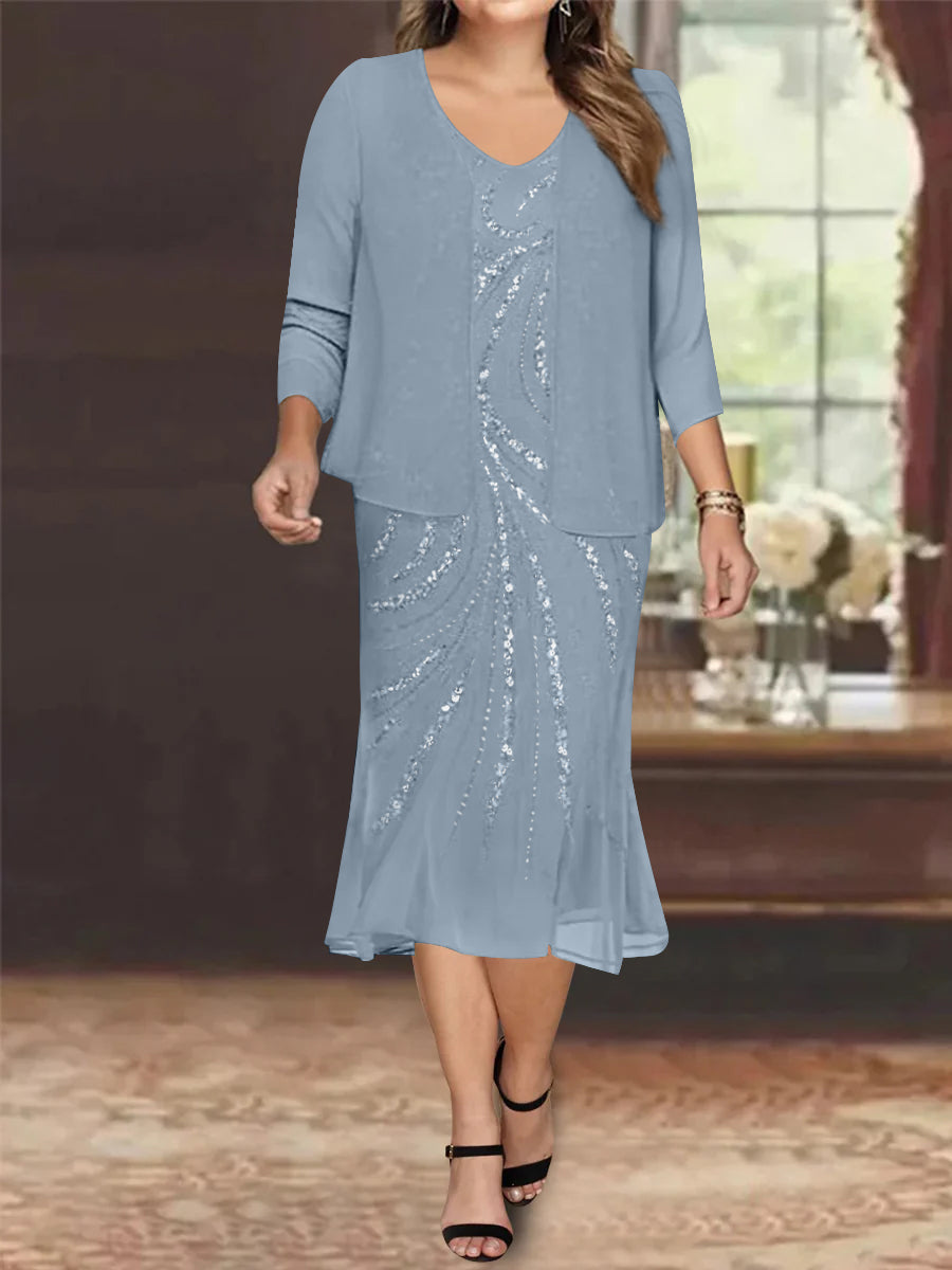 Plus Size V Neck Chiffon Mother of the Bride Dress Set with Jacket and Sequins Knee Length