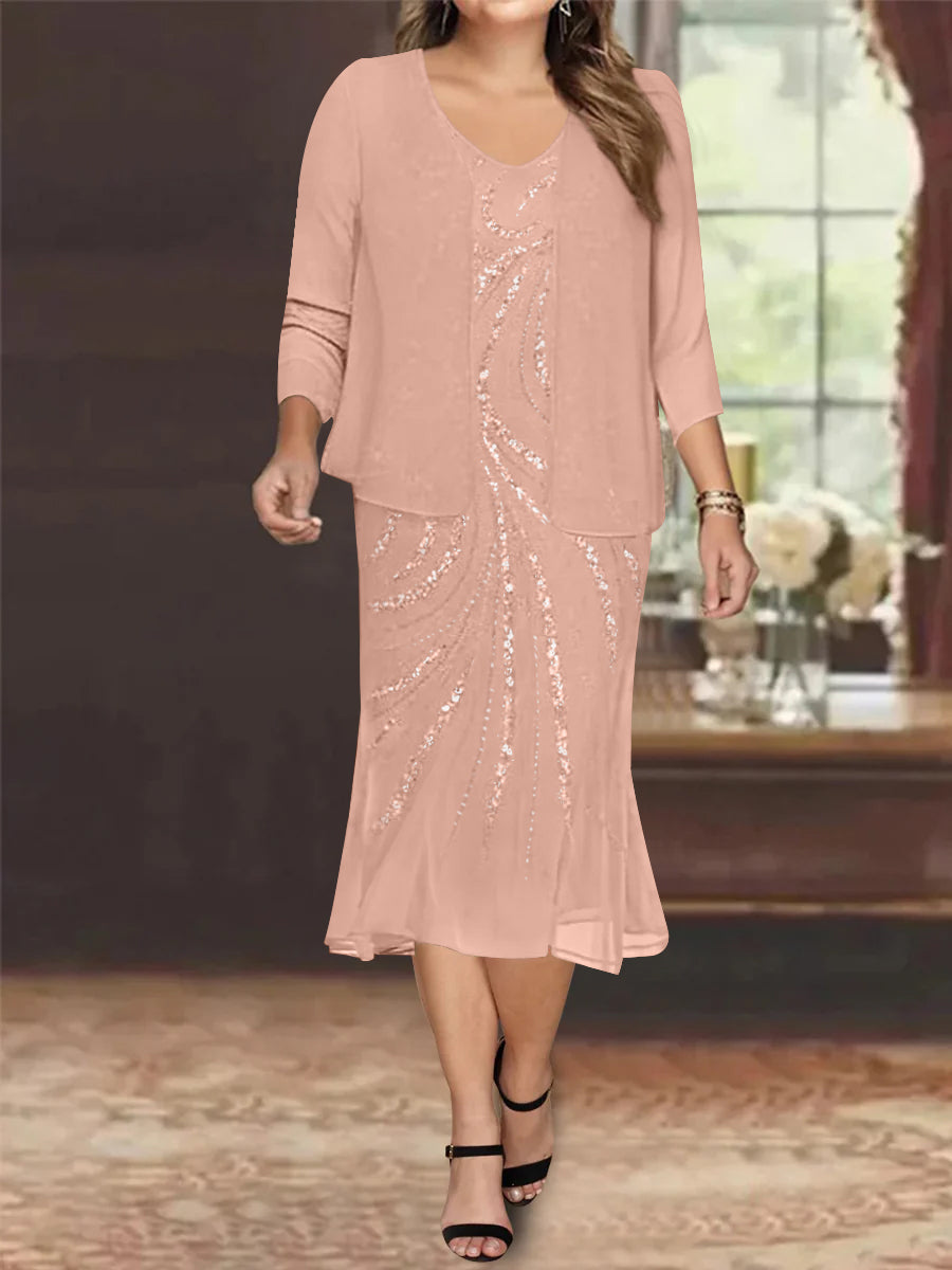 Plus Size V Neck Chiffon Mother of the Bride Dress Set with Jacket and Sequins Knee Length